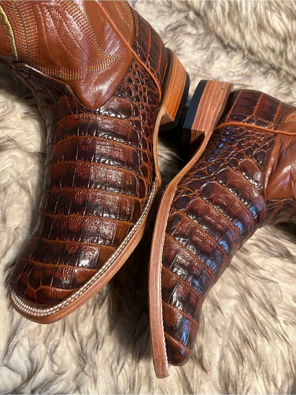 Men's Brown Exotic CAIMAN Print & Leather Western Boots with Embossed Shaft Sz 8 - Picture 12 of 15